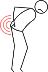 hunched over stick figure with lower back pain highlighted in red circles