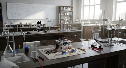 A well-lit, empty science laboratory with various experimental equipment, glassware, and an electronics project set up on a workbench.