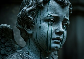 Weeping Angel Statue: A Close-up of Sorrow and Time's Toll. Generative Ai