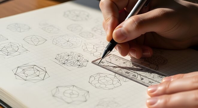 A close-up shot of a person's hands sketching intricate geometric designs in a notebook with a ruler and pencil. - Powered by Adobe