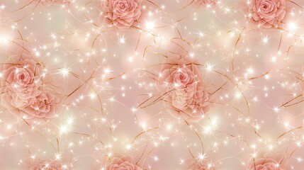 Romantic sparkling rose floral background with soft pink petals, glowing star-like lights, and delicate golden swirls, creating an enchanting design overlay perfect for weddings, Valentine’s celebrati