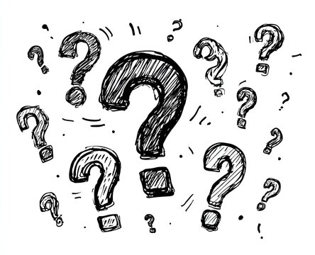 Hand-drawn question marks scattered on white background (1) - Powered by Adobe