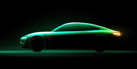 Electric car silhouette in neon green light