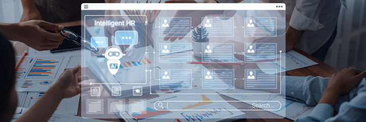 A modern office scene highlights the integration of AI and digital tools in human resources, illustrating improved collaboration and efficient data analysis for team success. Trope
