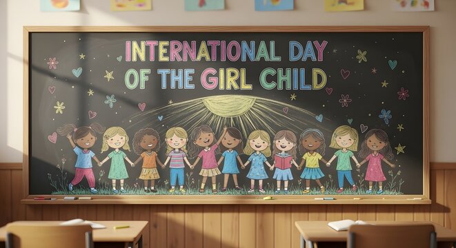 A vibrant chalkboard drawing celebrating International Day of the Girl Child with diverse children holding hands under a radiant sun. - Powered by Adobe