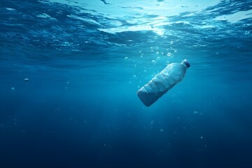 Naklejka premium Polluted ocean water with floating plastic waste symbolizing climate change, global warming and environmental crisis. Dirty sea surface covered with trash. Marine ecosystem collapse. Human impact 