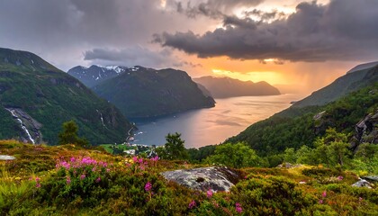 Sunset over fjord, dramatic clouds, alpine peaks. Lush greenery, wildflowers