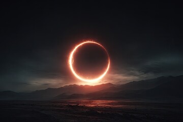 Fiery ring eclipse over mountains