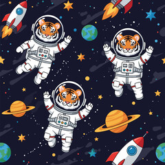 Cute cartoon tigers in astronaut suits floating in space with planets rockets and stars Fun adventure concept © Victor