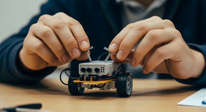 Close-up of a person's hands assembling a small, wheeled robot on a wooden surface, showcasing a STEM education activity.