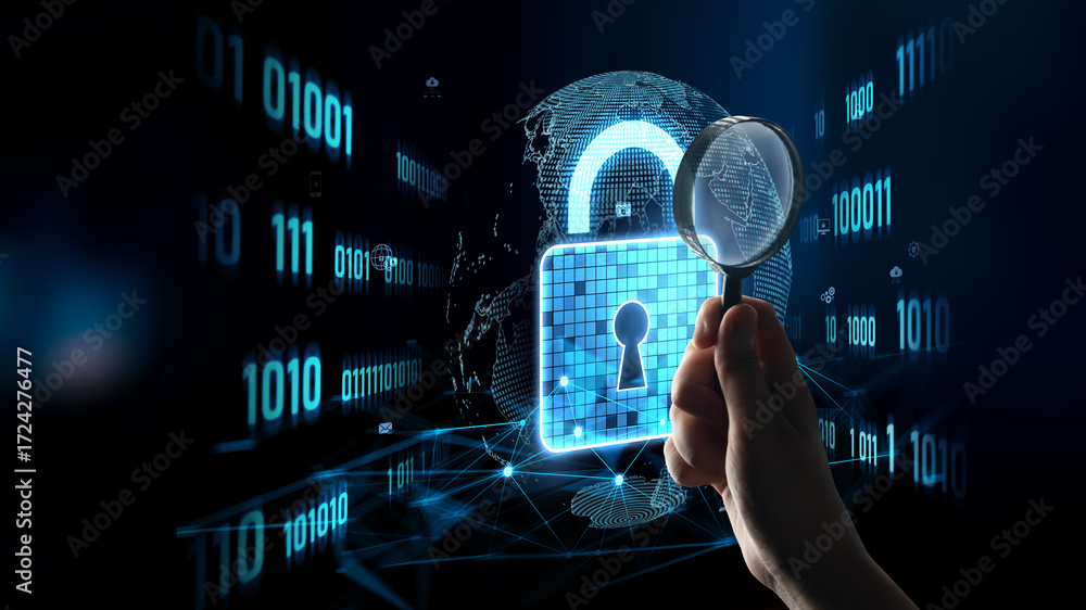 Poster cyber security protects against breaches, hacks, and network attacks using strong infrastructure and