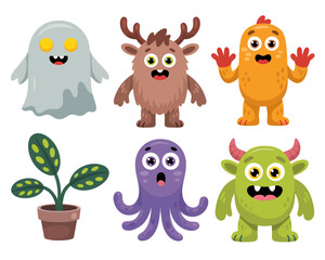 Naklejka premium A collection of six cute and friendly cartoon monsters with various shapes and colors, all smiling.