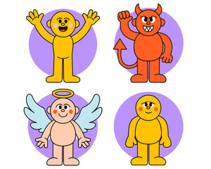 Fototapeta premium Four stylized cartoon characters: angel, devil, and two humanoids.