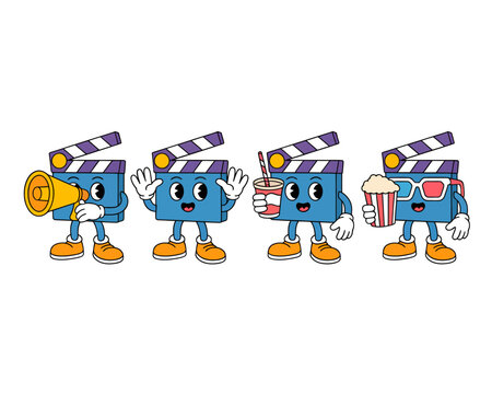 Four cartoon clapperboards with arms and legs, each holding different movie-related items.
