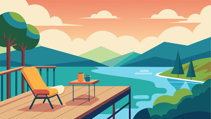 A spacious balcony overlooking a serene river with a comfortable lounge chair and a small desk perfect for working while taking in the peaceful surroundings.. Vector illustration