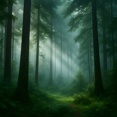 Obraz premium Misty Morning Forest with Sunlight Rays