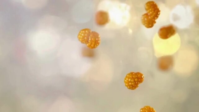 Golden Cloudberries Falling on Soft Bokeh Background.