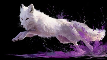 White fox leaping amidst purple splashes