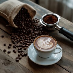 Latte Art Coffee Scene: A beautifully crafted latte with intricate art sits beside scattered coffee beans, a portafilter, and burlap sack on a rustic wooden surface, inviting a sensory experience.