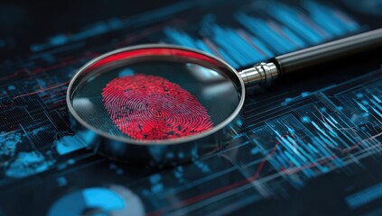 Fingerprint magnified through a magnifying glass, digital interface