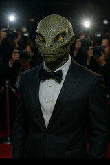 Reptilian Celebrity on Red Carpet in Elegant Tuxedo, Paparazzi Flashing