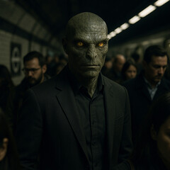 Reptilian Businessman Standing in Crowded Subway Station, Serious Expression