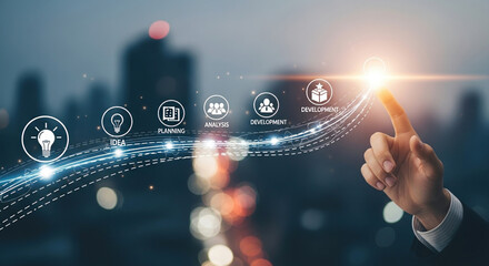 Creative idea generation for new product development concept Creative thinking and innovation Roadmap with stages of innovation icons