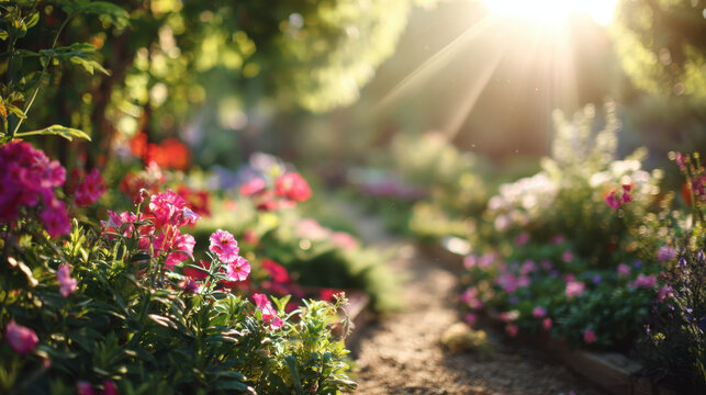 Bright garden pathway adorned with vibrant flowers gening in sunlight surrounded by lush greenery creating a serene natural atmosphere filled with beauty and tranquility.