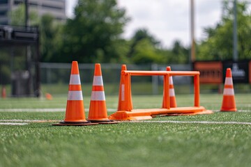 Orange cones and agility equipment on a grassy field