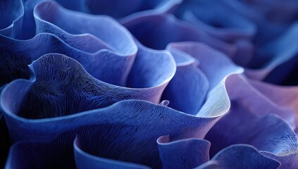 Abstract close-up of flowing, textured, deep blue and purple organic forms