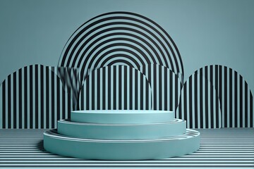 Teal podium with black and white geometric patterns