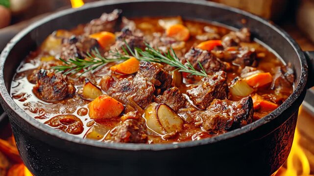 Hearty Beef Stew: A mouthwatering close-up of a rustic beef stew, brimming with tender chunks of beef, potatoes, and carrots, simmered to perfection. This hearty dish, infused with aromatic herbs.