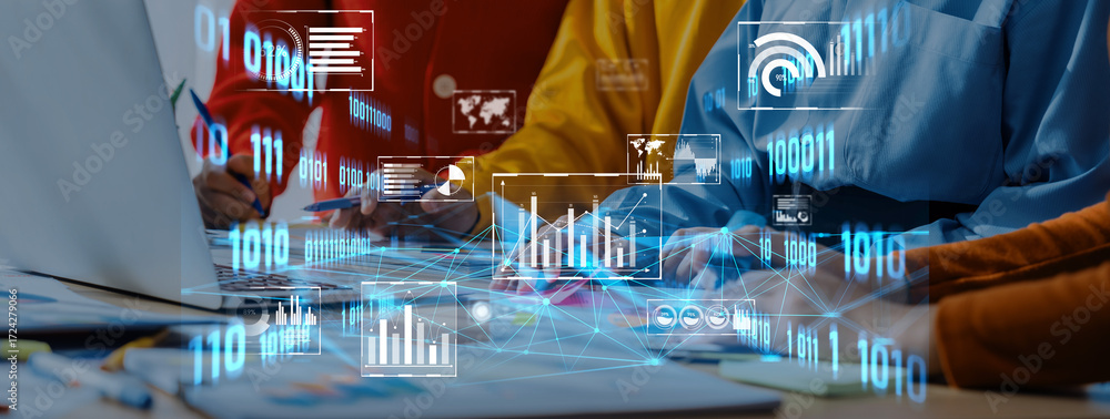 Poster a dynamic workplace scene featuring a laptop displaying digital data analysis while professionals co