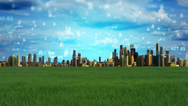 Seamless 4K animation of a high-tech city skyline overlaid with glowing data streams and code, perfect for tech, AI, or cyber themes.