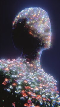 18h 3D render of a skinny girl in full body shot, double exposure with flowers, minimalism art, face in real photography style with ripped effect, trending on ArtStation