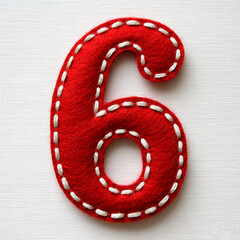 Red felt number "6" with white whip stitching, clean and bold on white, craft meets minimal detail.