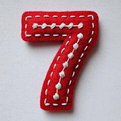 Red felt number "7" with white whip stitching, clean and bold on white, craft meets minimal detail.