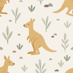 Kangaroo pattern with plants and rocks on a background. Seamless print for fabrics, clothes etc