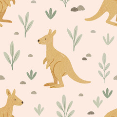 Kangaroo pattern with plants and rocks on a background. Seamless print for fabrics, clothes etc