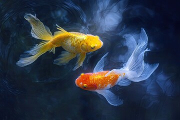 Two goldfish in a dark, swirling water environment