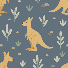 Kangaroo pattern with plants and rocks on a background. Seamless print for fabrics, clothes etc