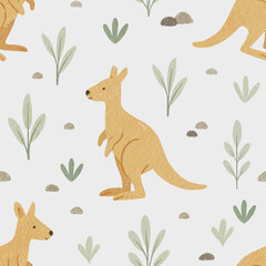 Kangaroo pattern with plants and rocks on a background. Seamless print for fabrics, clothes etc