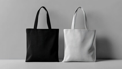 Two blank canvas tote bags, black and white, against a neutral background