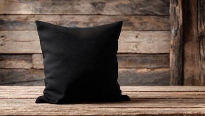 A black pillow on a rustic wooden table