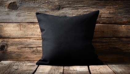 Black pillow on wooden surface
