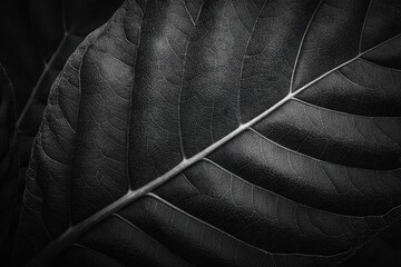 Close-up view of a dark leaf's intricate vein structure