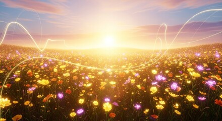 Vibrant Meadow at Sunset with Glowing Light Trails.