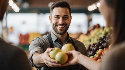 Friendly shop assistant at market serving with a smile