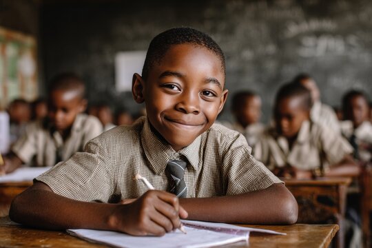 A young Black South African boy in school uniform smiling while writing in his notebook at a classroom desk, with other students studying in the background, joyful and focused expression