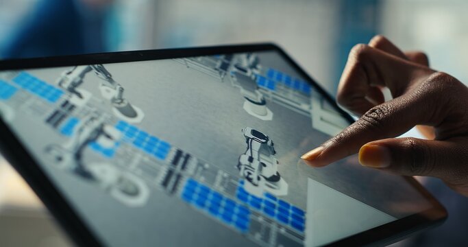 Photovoltaics factory specialist designs production lines in CAD app using tablet. Solar panels plant technician uses simulation software on device to optimize production layouts, camera B closeup